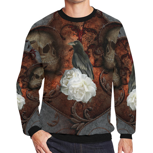 The crow with skulls Men's Oversized Fleece Crew Sweatshirt/Large Size(Model H18)