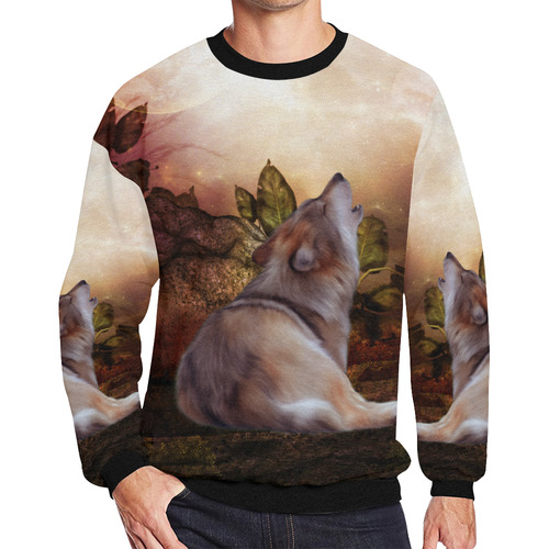 Beautiful wolf in the night Men's Oversized Fleece Crew Sweatshirt/Large Size(Model H18)