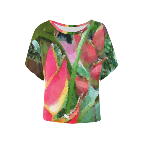Tropical Flowers Low Polygon Floral Art Women's Batwing-Sleeved Blouse T shirt (Model T44)