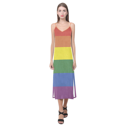 Stripes with rainbow colors V-Neck Open Fork Long Dress(Model D18)