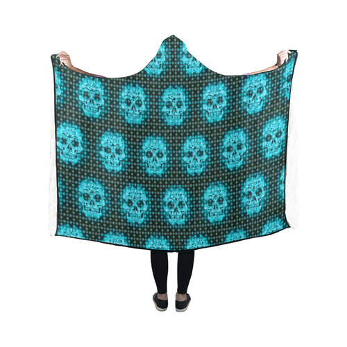 skulls and dotts,aqua by JamColors Hooded Blanket 50''x40''