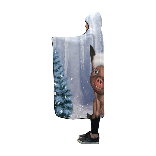 Christmas, cute little piglet with christmas hat Hooded Blanket 60''x50''