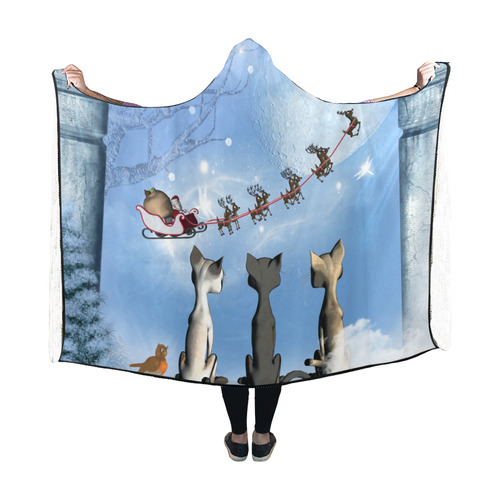 Christmas, cute cats and Santa Claus Hooded Blanket 60''x50''