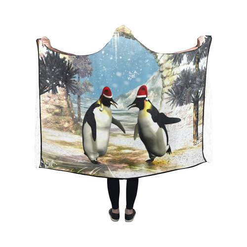 Funny penguins with christmas hat Hooded Blanket 50''x40''