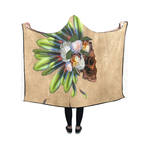 Amazing skull with feathers and flowers Hooded Blanket 50''x40''