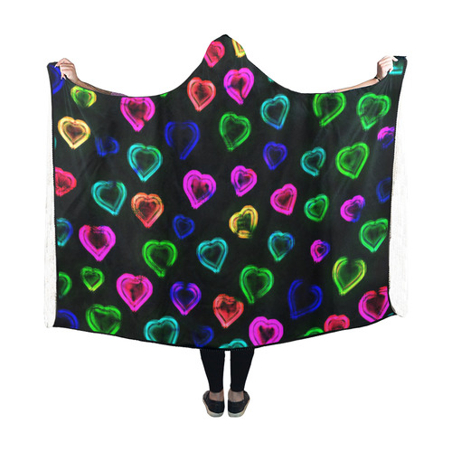 blurry neon hearts Hooded Blanket 60''x50''