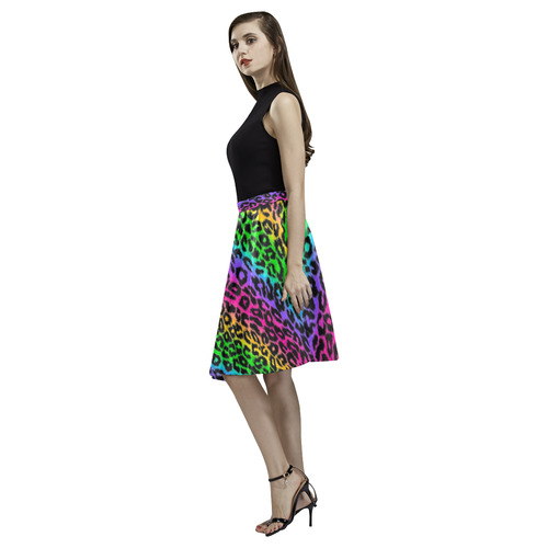 rainbow leopard print ladies skirt Melete Pleated Midi Skirt (Model D15)