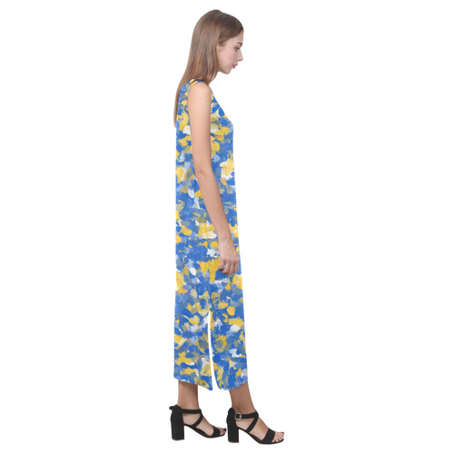 Blue, Yellow and White Paint Splashes Phaedra Sleeveless Open Fork Long Dress (Model D08)