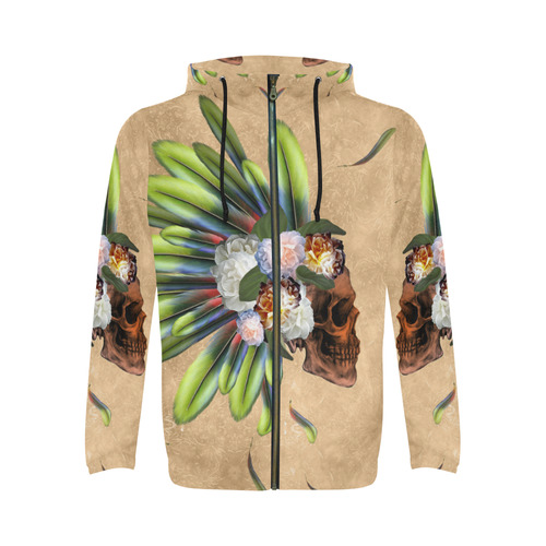 Amazing skull with feathers and flowers All Over Print Full Zip Hoodie for Men/Large Size (Model H14)