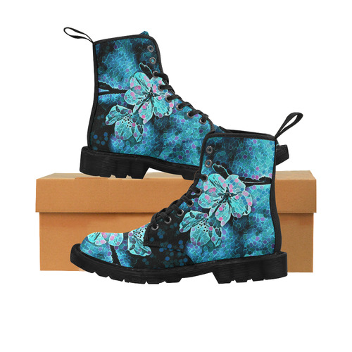 FLOWERS PAINTING BLUE Martin Boots for Women (Black) (Model 1203H)