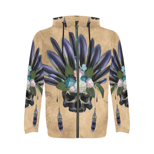 Cool skull with feathers and flowers All Over Print Full Zip Hoodie for Men/Large Size (Model H14)