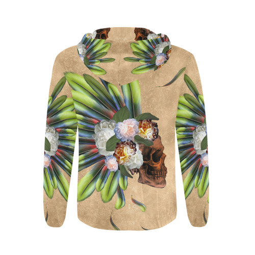 Amazing skull with feathers and flowers All Over Print Full Zip Hoodie for Men/Large Size (Model H14)