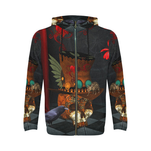 Steampunk skull with rat and hat All Over Print Full Zip Hoodie for Men/Large Size (Model H14)