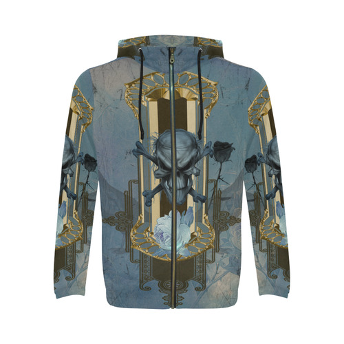 The blue skull with crow All Over Print Full Zip Hoodie for Men/Large Size (Model H14)