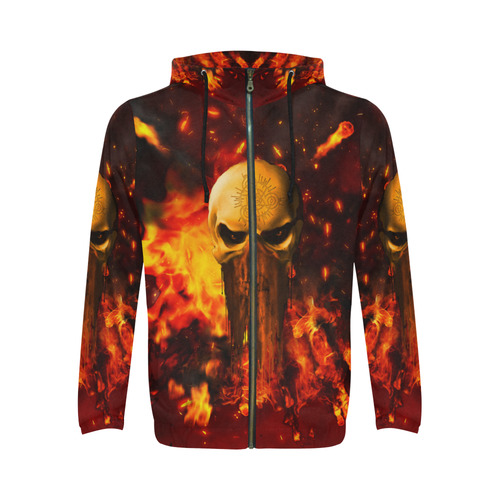 Amazing skull with fire All Over Print Full Zip Hoodie for Men/Large Size (Model H14)