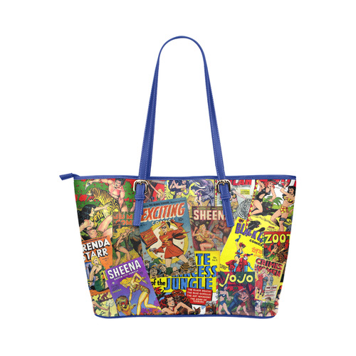 Vintage Comic Collage Leather Tote Bag/Large (Model 1651)