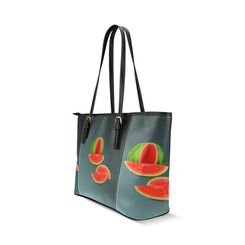 Watercolor Watermelon, red green and sweet Leather Tote Bag/Small (Model 1640)