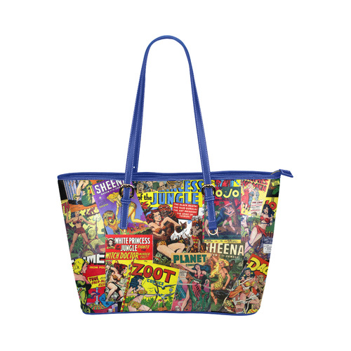 Vintage Comic Collage Leather Tote Bag/Large (Model 1651)