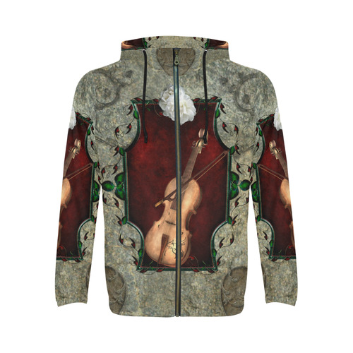 Violin with violin bow and flowers All Over Print Full Zip Hoodie for Men/Large Size (Model H14)