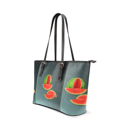 Watercolor Watermelon, red green and sweet Leather Tote Bag/Small (Model 1640)