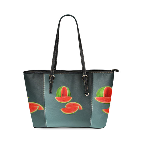 Watercolor Watermelon, red green and sweet Leather Tote Bag/Small (Model 1640)