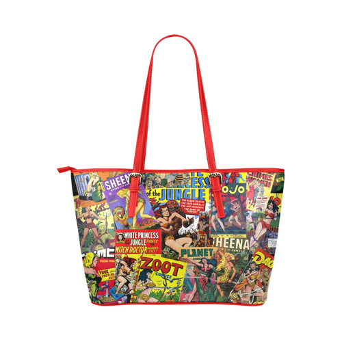 Vintage Comic Collage Leather Tote Bag/Small (Model 1651)