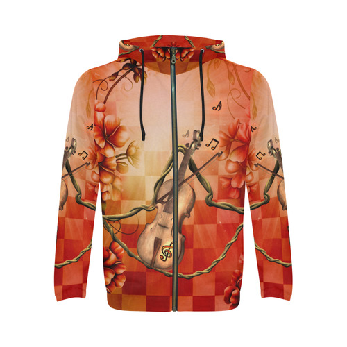 Violin and violin bow with flowers All Over Print Full Zip Hoodie for Men/Large Size (Model H14)