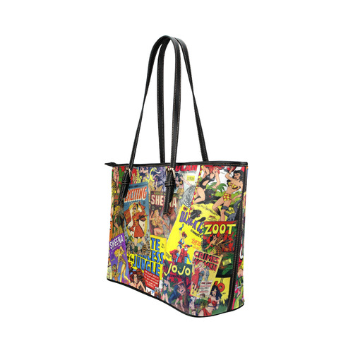 Vintage Comic Collage Leather Tote Bag/Small (Model 1651)