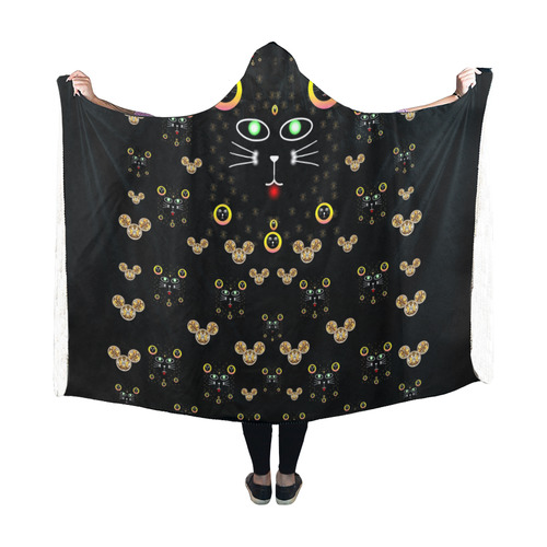 Merry black cat in the night and a mouse involved Hooded Blanket 60''x50''