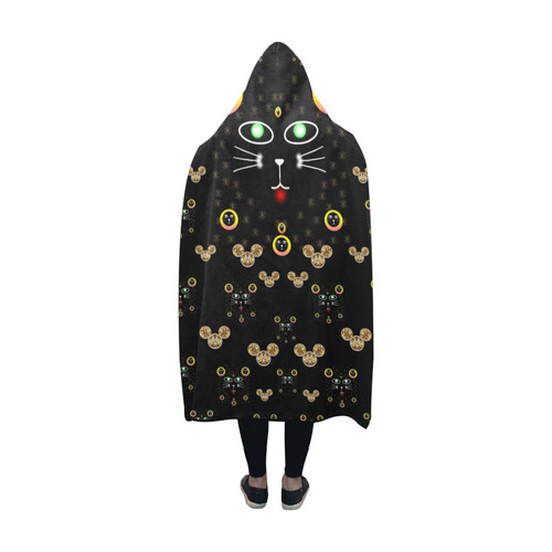 Merry black cat in the night and a mouse involved Hooded Blanket 60''x50''