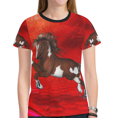 Wild horse on red background New All Over Print T-shirt for Women (Model T45)
