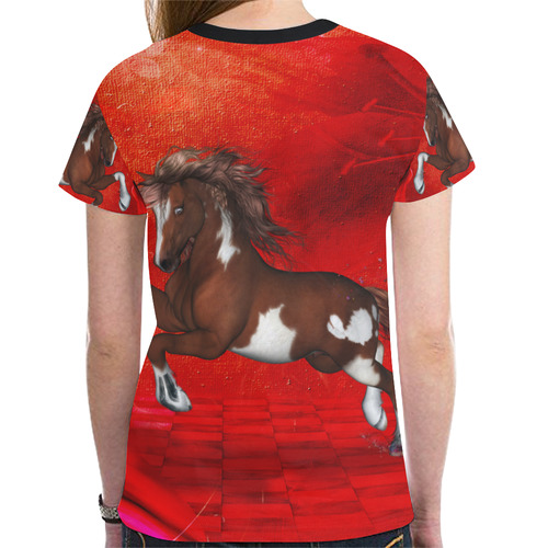 Wild horse on red background New All Over Print T-shirt for Women (Model T45)