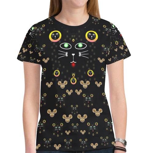 Merry black cat in the night and a mouse involved New All Over Print T-shirt for Women (Model T45)