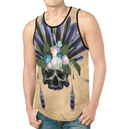 Cool skull with feathers and flowers New All Over Print Tank Top for Men (Model T46)