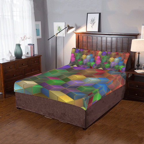 Geometric Rainbow Cubes Texture 3-Piece Bedding Set