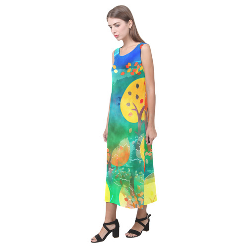 Watercolor Fall Forest Phaedra Sleeveless Open Fork Long Dress (Model D08)