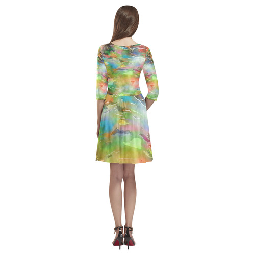 Watercolor Paint Wash Tethys Half-Sleeve Skater Dress(Model D20)