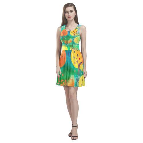 Watercolor Fall Forest Thea Sleeveless Skater Dress(Model D19)