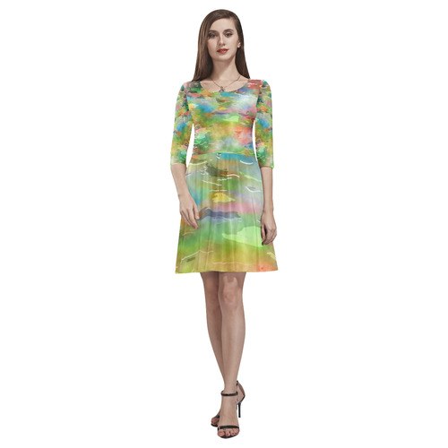 Watercolor Paint Wash Tethys Half-Sleeve Skater Dress(Model D20)