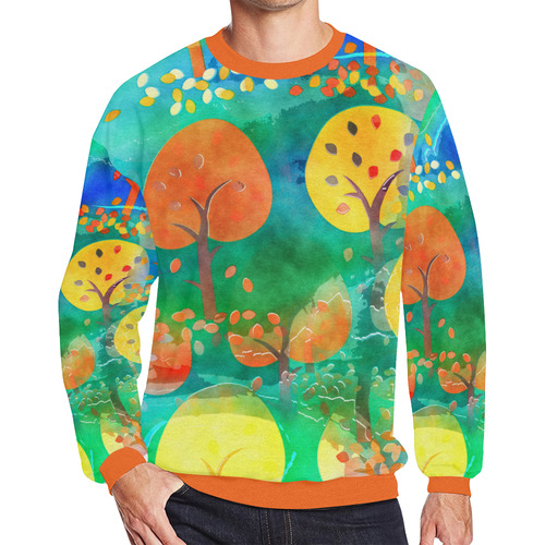 Watercolor Fall Forest Men's Oversized Fleece Crew Sweatshirt (Model H18)