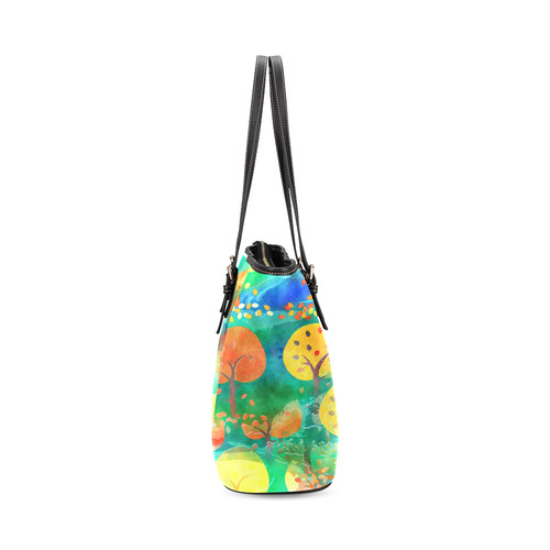 Watercolor Fall Forest Leather Tote Bag/Small (Model 1640)