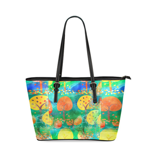 Watercolor Fall Forest Leather Tote Bag/Small (Model 1640)