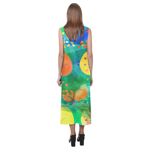 Watercolor Fall Forest Phaedra Sleeveless Open Fork Long Dress (Model D08)