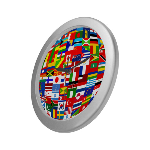 International Travel Flag World Silver Color Wall Clock