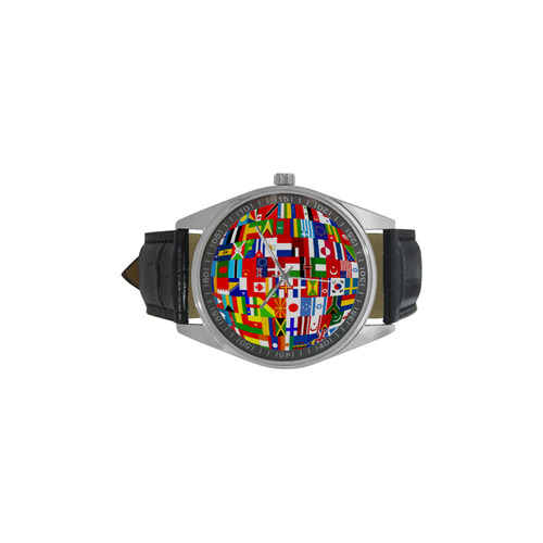 International Travel Flag World Men's Casual Leather Strap Watch(Model 211)