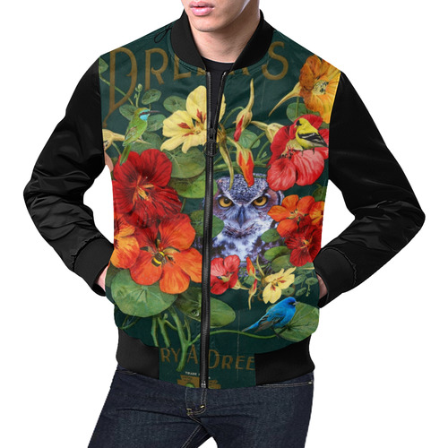 Purple Owl in the Nasturtiums All Over Print Bomber Jacket for Men (Model H19)