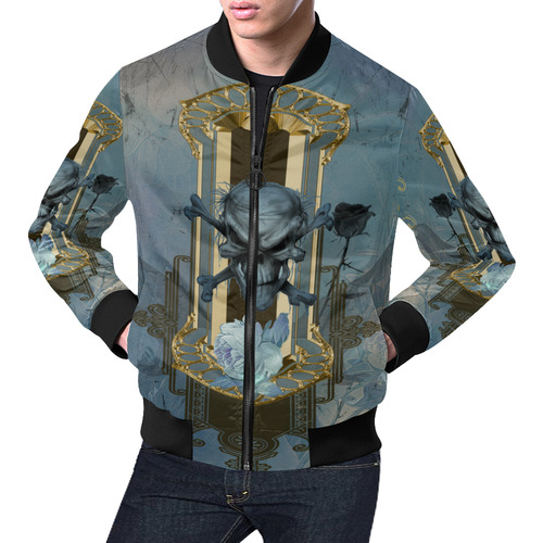 The blue skull with crow All Over Print Bomber Jacket for Men (Model H19)