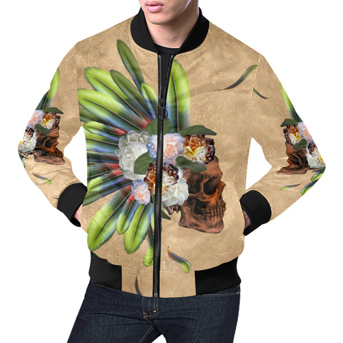 Amazing skull with feathers and flowers All Over Print Bomber Jacket for Men (Model H19)