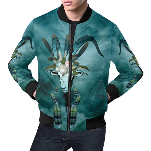The billy goat with feathers and flowers All Over Print Bomber Jacket for Men (Model H19)