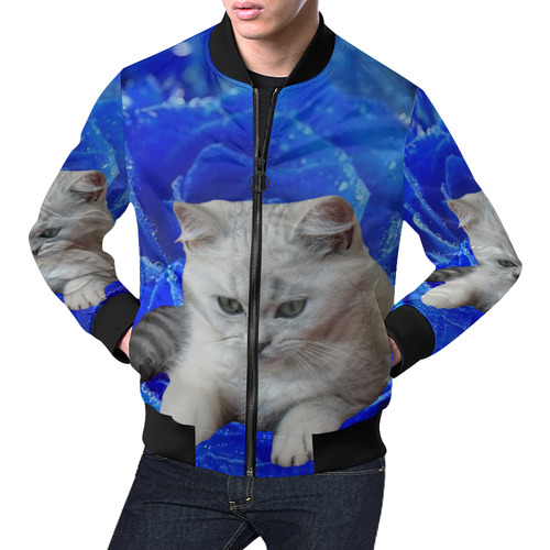 Cat and Rose All Over Print Bomber Jacket for Men (Model H19)